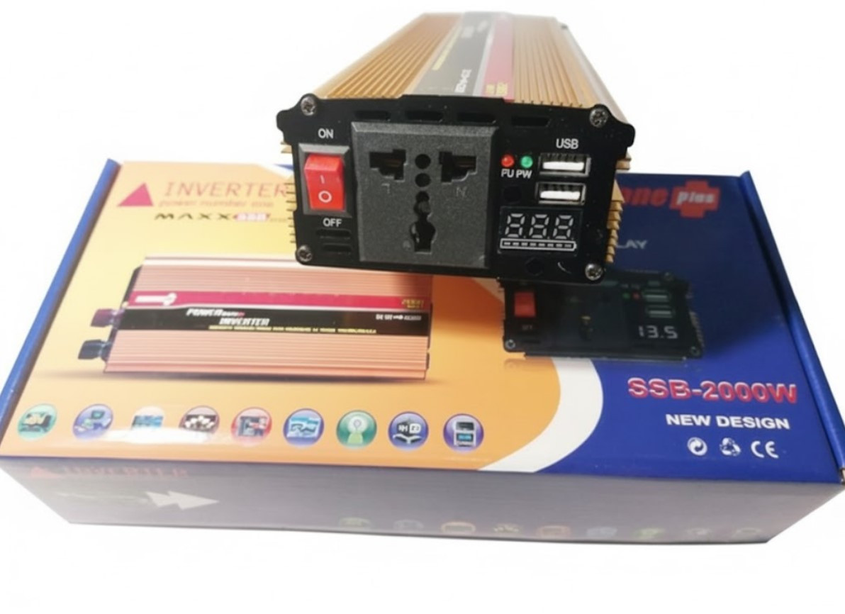 Автомобільний інвертор PowerOnePlus 12V/220 V 2000 W з LCD-індикатором, фото 1