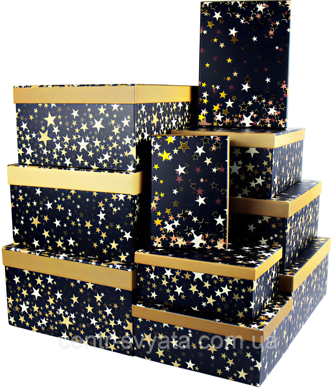 Набір подарункових коробок "Золоті зірки на чорному" 10 шт