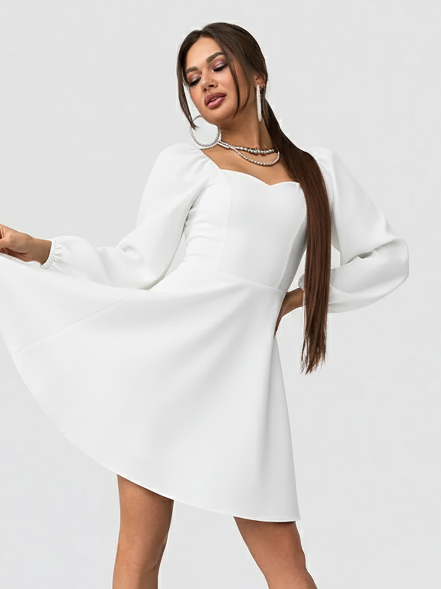 Коктейльне стильне жіноче плаття з довгим рукавом, молочно-біле, фото 1