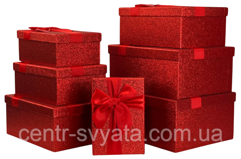 Набір подарункових коробок "Червоний з бантом та блискітками" 7 шт