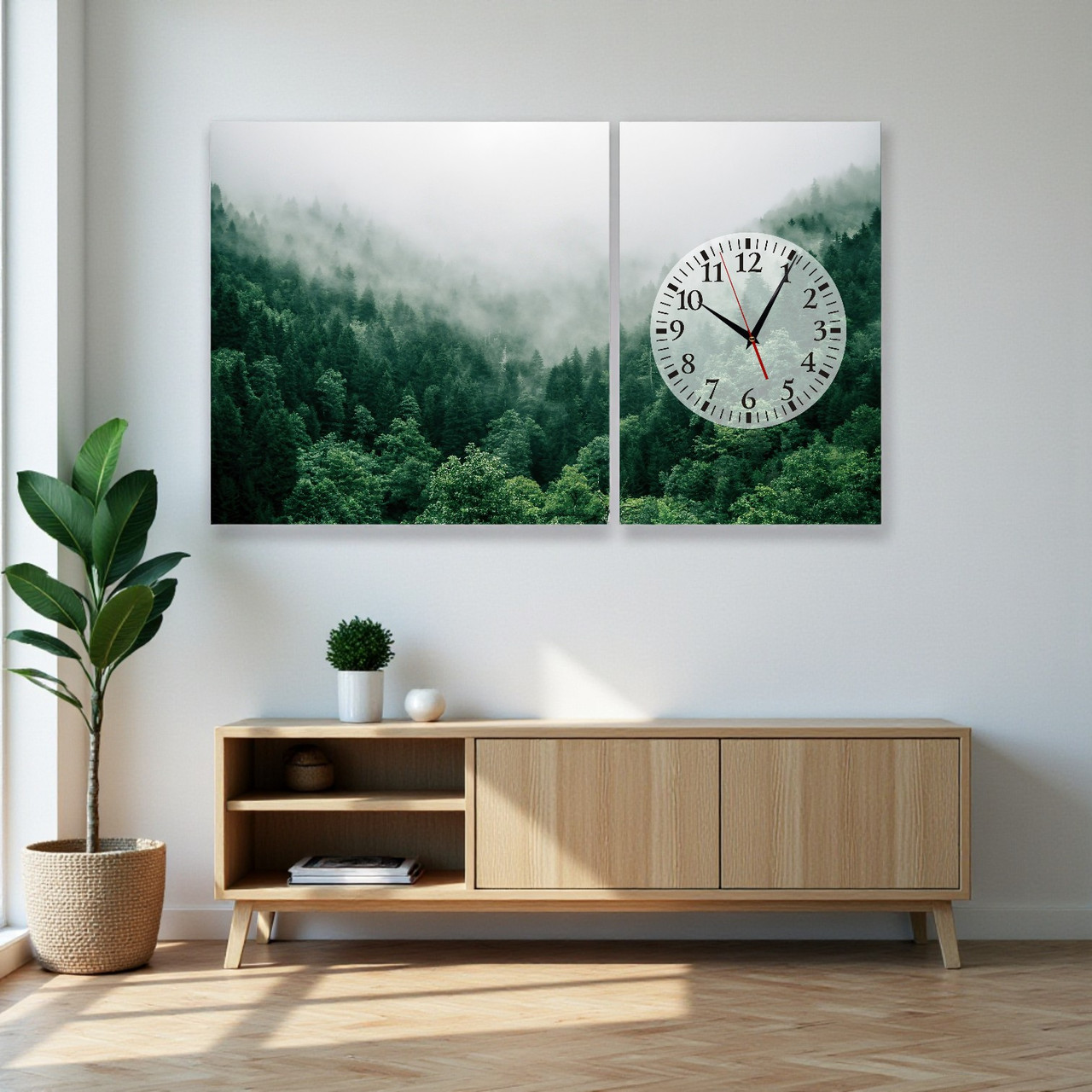 Модульна картина з годинником “Туманний ліс” Настінний безшумний годинник Друк на полотні 100х60 з 2х частин, фото 1