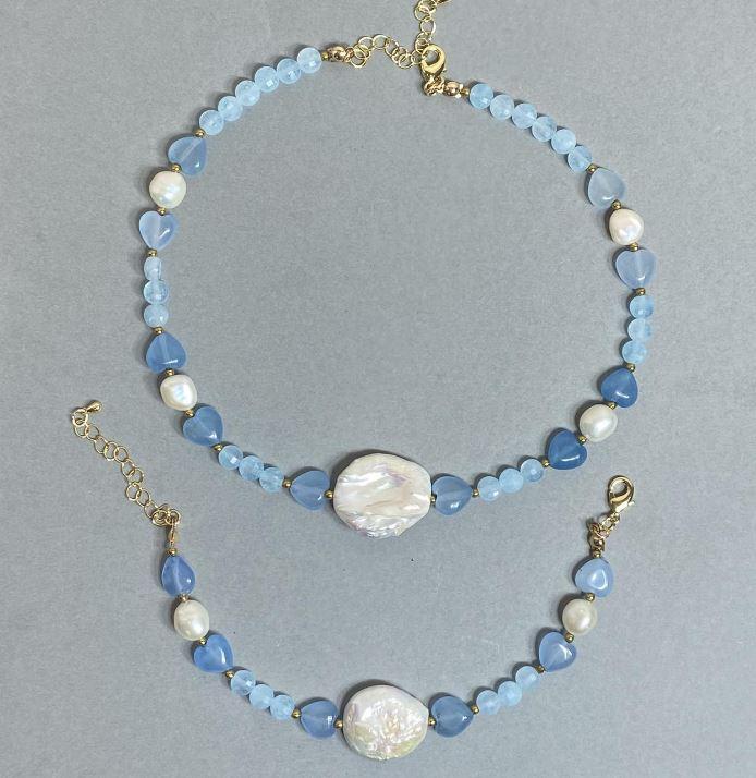 Сет прикрас чокер та браслет Аквамарин Річкові Перли та Барочна Перлина р-р регулюється, фото 1