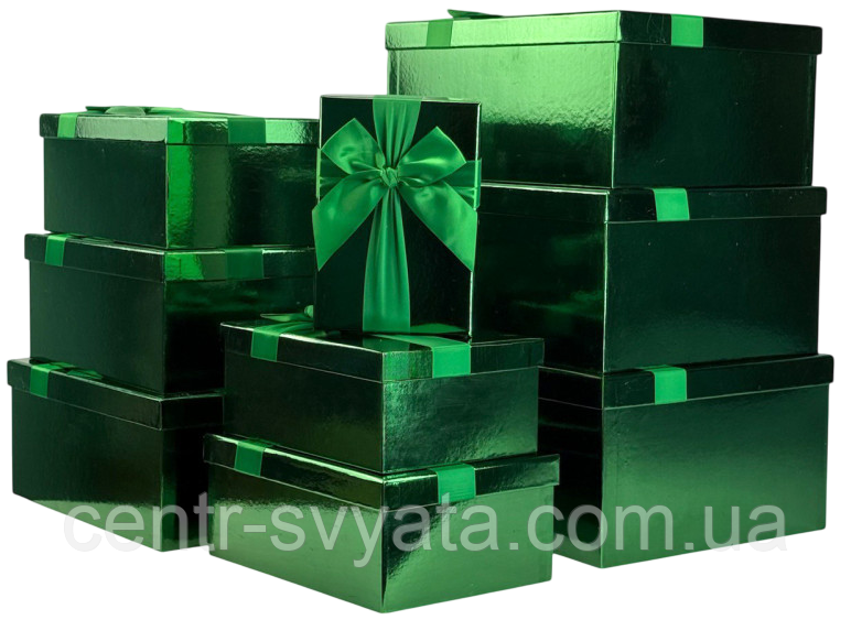 Набір подарункових коробок "Зелений металік з бантом" 9 шт