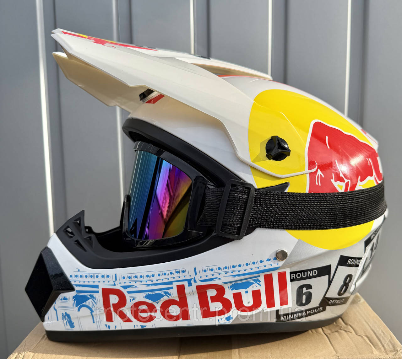 Мотошолом кросс-ендуро RedBull/white + Окуляри в ПОДАРУНОК, фото 1