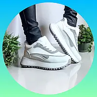 Жіночі зимові кросівки білі теплі на хутрі з сірими вставками утеплені модні