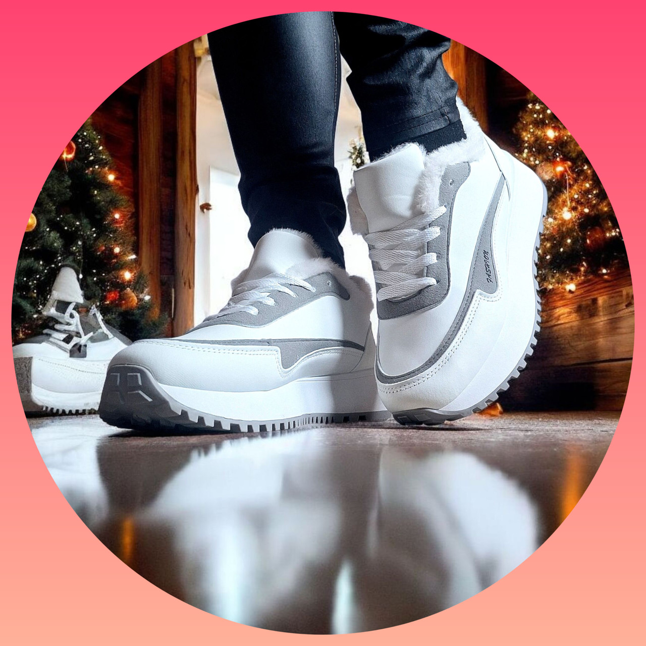 Жіночі теплі зимові кросівки на хутрі білі із сірими вставками утеплені стильні, фото 1