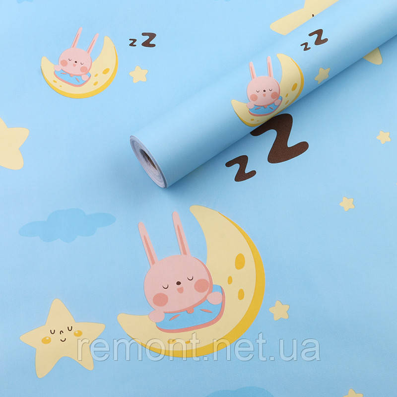 Самоклеючі вінілові шпалери в рулоні 45 см ×10 м. "Кролик на місяці" Миючі, 3D ефект, водостійкі, фото 1