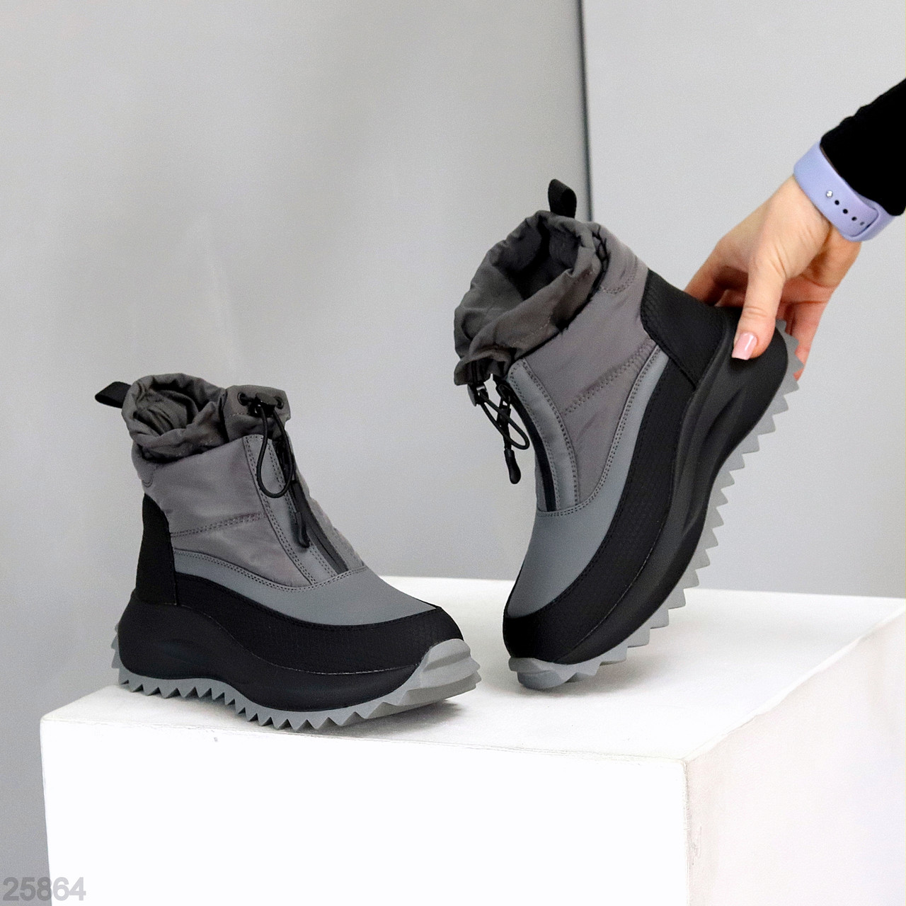 Спортивні сірі черевики дутики водонепроникні з фіксатором, фото 1