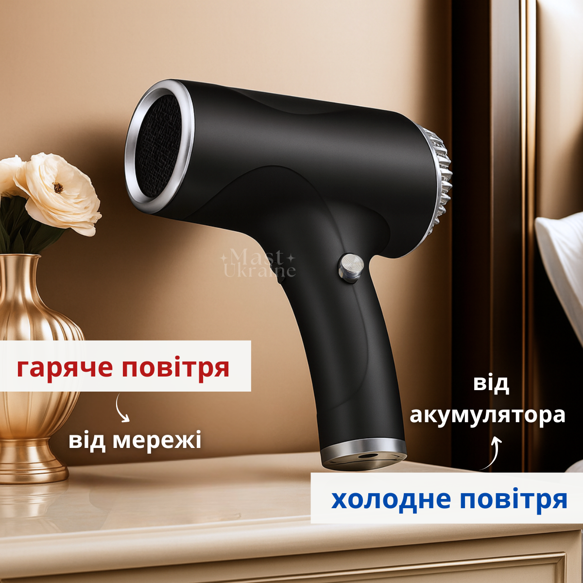 Фен для волосся бездротовий портативний з холодним та гарячим повітрям, живленням від мережі/акумулятора Чорний, BDF-1-B, фото 1