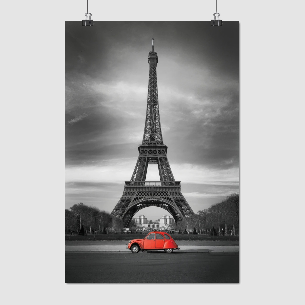 Плакат "Ейфелева Вежа та червоний автомобіль, Париж, Paris, France", 60×40см