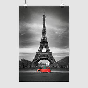 Плакат "Ейфелева Вежа та червоний автомобіль, Париж, Paris, France", 60×40см