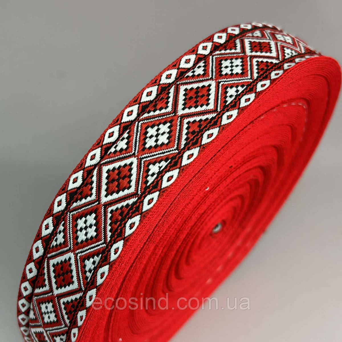 Тасьма національна 3,2 см - орнамент ромби червоний, фото 1