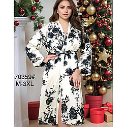 Жіночий білий шовковий халат з чорними квітами Норма Розміри: 44,46,48,50,52 (49590)