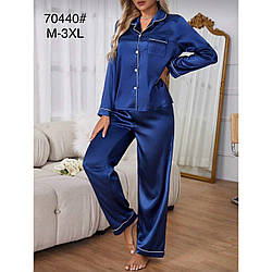 Жіноча синя шовкова піжама з кишенькою "Фабричний Китай" Розміри: 44,46,48,50,52 (49598)