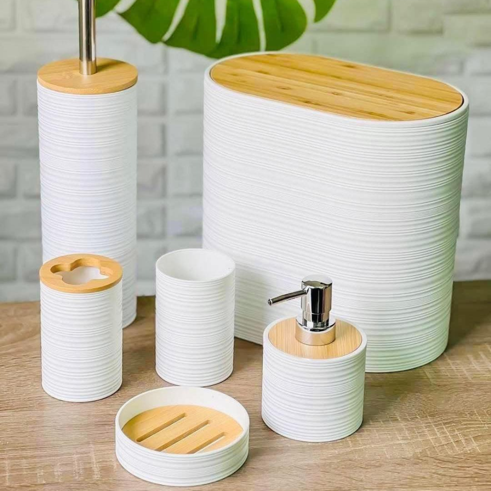 Набір аксесуарів 6в1 для ванної кімнати і душа, урна, дозатор для мила, мильниця,склянки, йоржик білий, фото 1