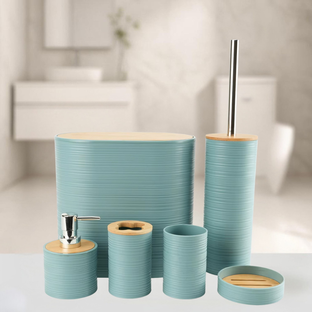 Набір аксесуарів 6в1 для ванної кімнати і душа, урна, дозатор для мила, мильниця, склянки, йоржик Блакитний, фото 1