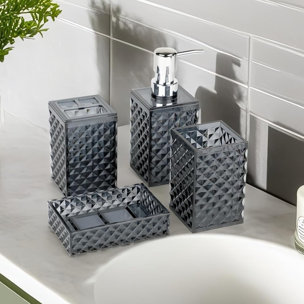 Набор аксессуаров 4в1 для ванной и душа, дозатор для мыла, мыльница, стаканы,материал акрил прозрачно-серый, фото 1