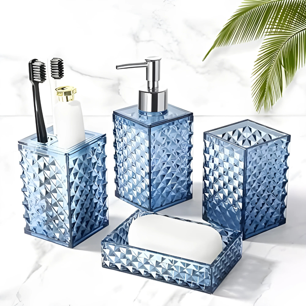 Набор аксессуаров 4в1 для ванной и душа, дозатор для мыла, мыльница, стаканы,материал акрил стаканы,прозрачный-синий, фото 1