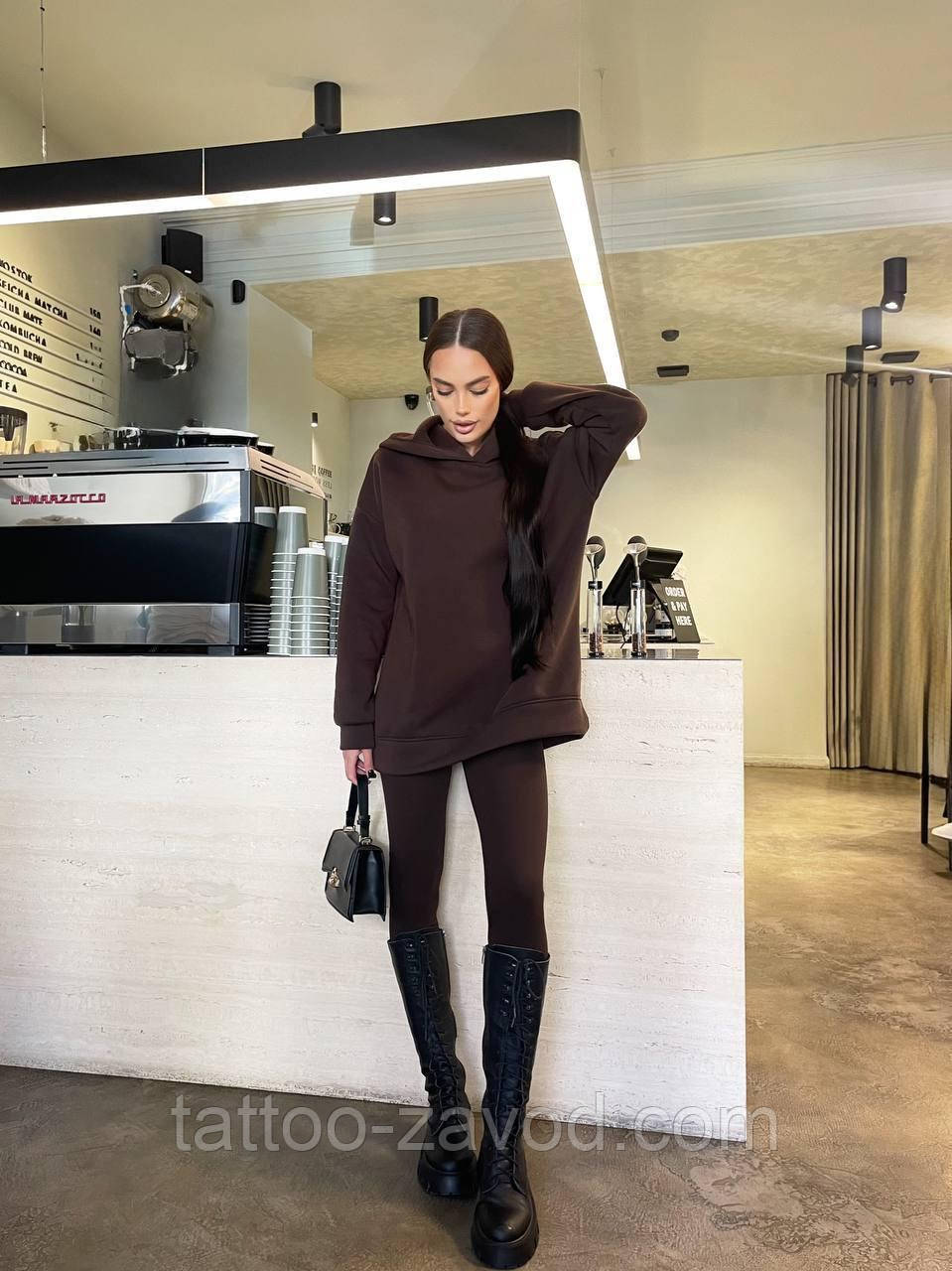 Теплий стильний комплект з подовженим худі та легінсами високої посадки на утеплені, фото 1