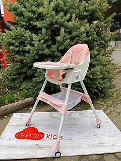 Стільчик для годування 2в1 дитячий Toti FR- 30608, сталева конструкція, знімний столик, опускна спинка, 4 колеса, рожевий