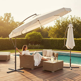 Розкладна садова парасоля бокова стійка на хрестовині Funfit Garden 3 м із поліестеру та сталевою рамою висота 2.5 м Білий