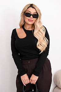 Лонгслів в рубчик з вирізом на плечі чорний великого розміру Розміри: 48-50; 52-54; 56-58; 60-62