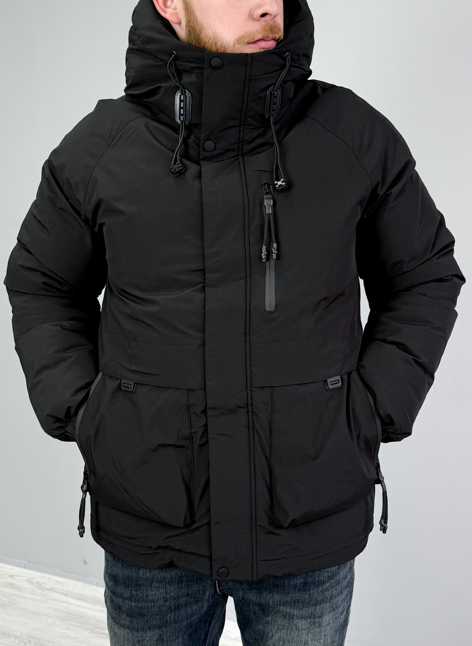 Чоловіча подовжена зимова куртка з капюшоном спортивна тепла куртка чорна