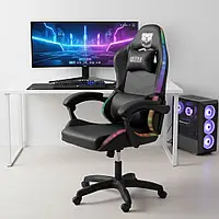 Геймерське комп'ютерне крісло ігрове Grizzly з RGB LED підсвіткою та 2 подушками під спину і голову із нахилом спинки Чорний