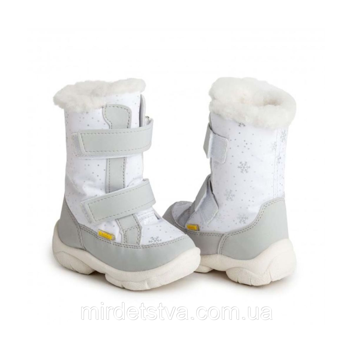 Зимові дитячі дутики на хутрі чоботи для дівчинки Олдком Oldcom Alaska білі зі сніжинками розмір 23-31, фото 1