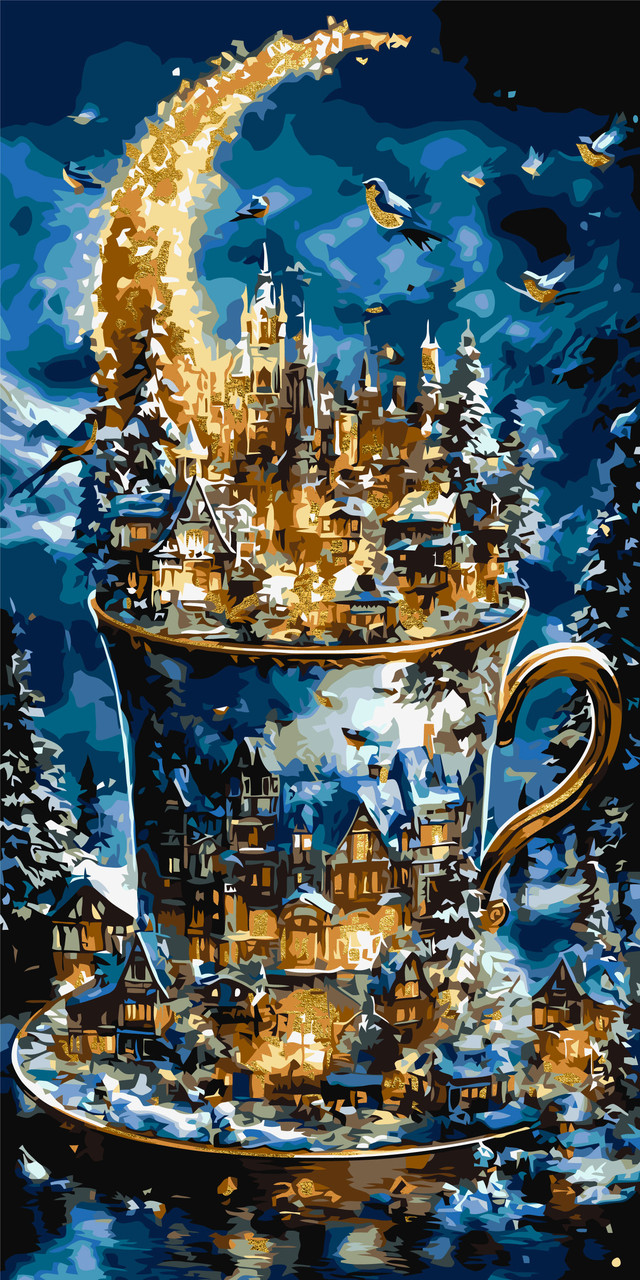 Картина за номерами Пейзаж. Різдвяне казкове місто з фарбами металік 40*80 см Орігамі LW 5179, фото 1