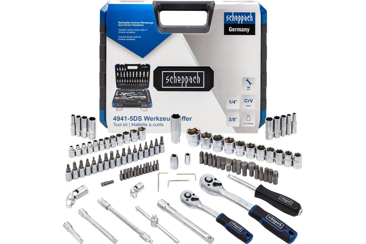 Набір інструменту комбінований 94 предмета 1/4" 3/8" (6-гр.) (4-22 мм) Scheppach SCH-4941-5DS, фото 1