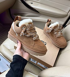 Жіночі UGG Lowmel Sneaker chestnut зимові міні УГГІ замшеві коричві на шнурівці