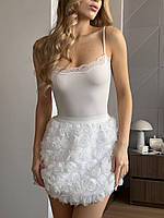 Женская нарядная юбка с сеткой декорированной розами + подкладка на талии резинка (чёрный,белый)