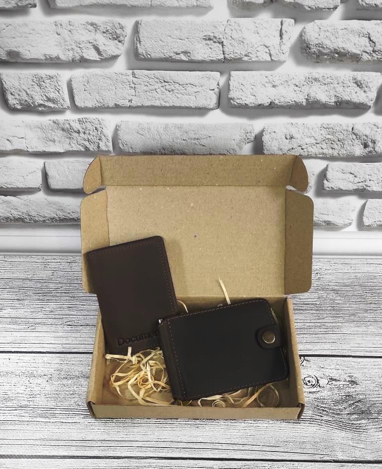 Подарунковий набір DNK Leather No6 затискач + обкладинка на права ID паспорт Коричневий 18х10х3,5 см, фото 1