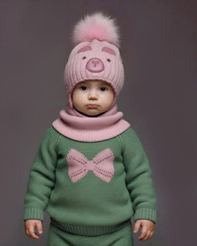 Дитячий набір пудровий для дівчинки 1 2 3 роки: тепла зимова шапка на флісі з помпоном та шарф-хомут снуд пудра, фото 1