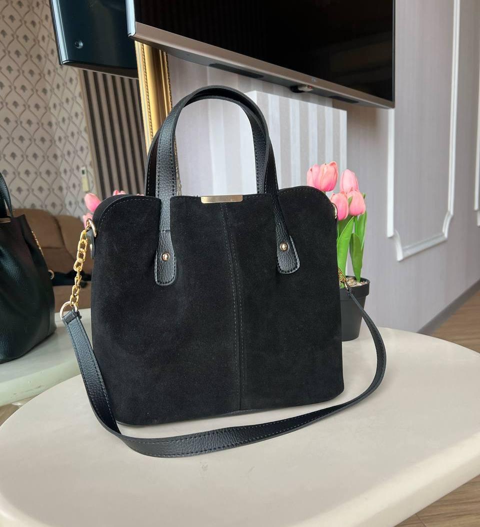 Замшевая черная женская сумка вместительная сумочка натуральная