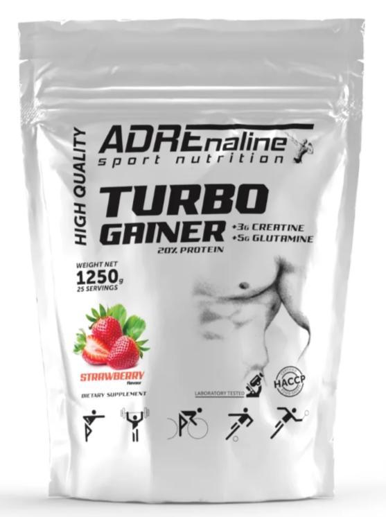 Гейнер ADRENALINE TURBO GAINER 20% PROTEIN +5 g creatine+3 g glutamine+1 g taurine 1250 грам Смак : Полуниця, фото 1