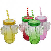 Стакан банка кактус з трубочкою для напоїв 450 мл оригінальний декор для пікніка та вечірки