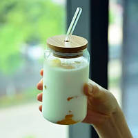 Стакан з трубочкою та бамбуковою кришкою для напоїв стильний екологічний аксесуар 550 мл