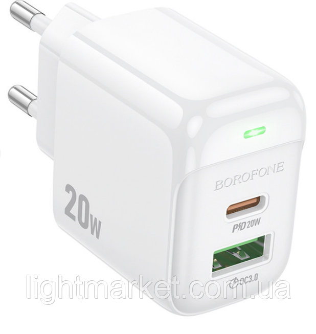 УЗП Borofone BAS44A PD+QC3.0 (МЗП USB, Type-C, 20W) white, фото 1