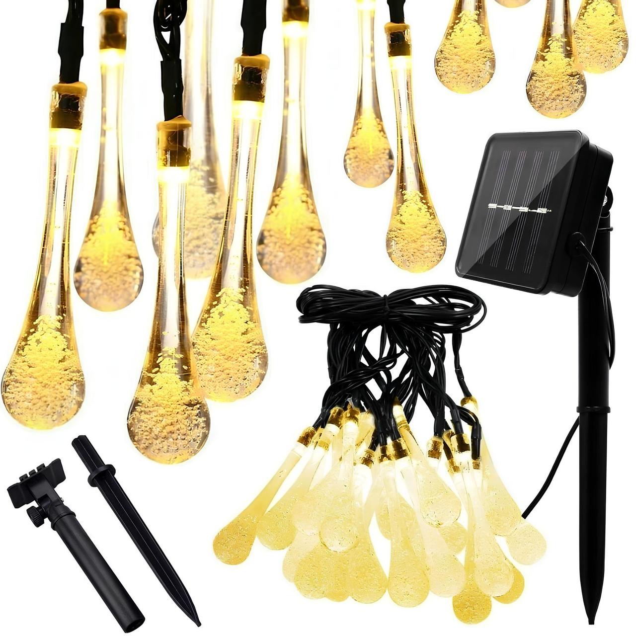 Гірлянда вулична краплі 30 LED 7м на сонячній панелі та акумуляторі Світлодіодна тепле світло, фото 1