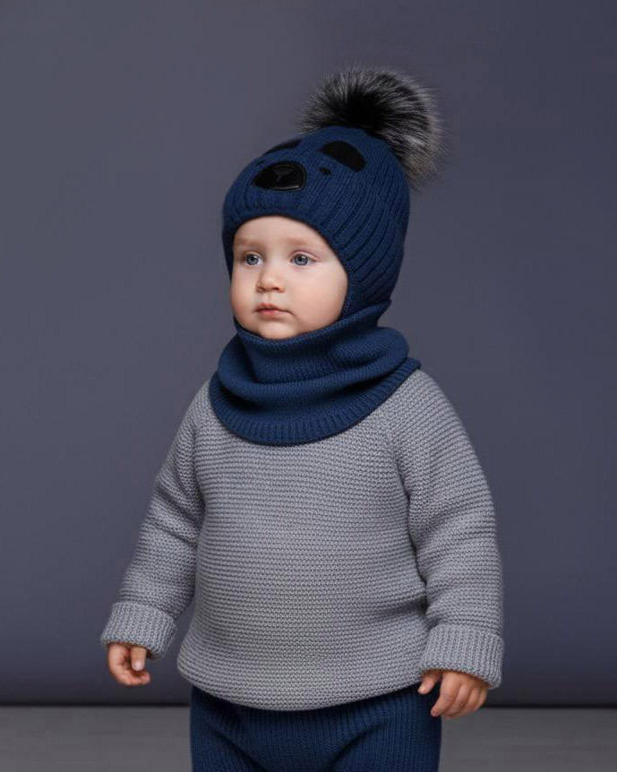 Дитячий комплект для хлопчика 1 2 3 роки: тепла зимова шапка з підкладкою та помпоном і снуд хомут, фото 1