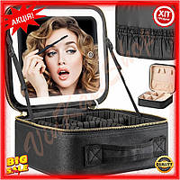 Косметичка дорожная с LED зеркалом черная для хранения косметики и макияжа органайзер для косметики