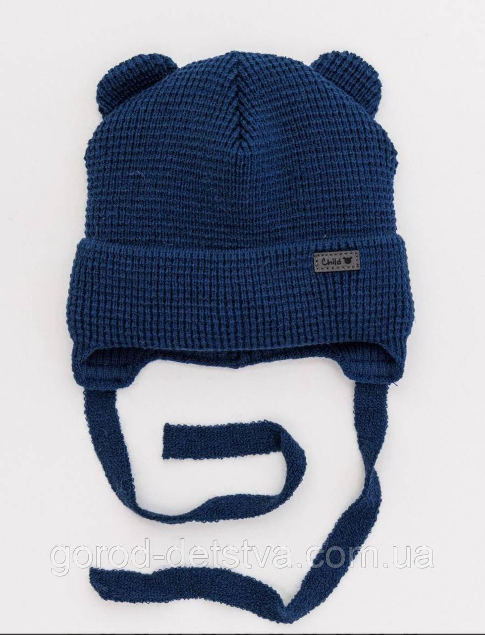 Зимова дитяча шапочка на зав'язках для новонародженного розмір 42-44 см, фото 1
