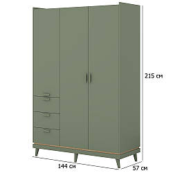 Тристулкова шафа на ніжках Scandi 144 см зелена і дуб з висувними ящиками в сучасному стилі