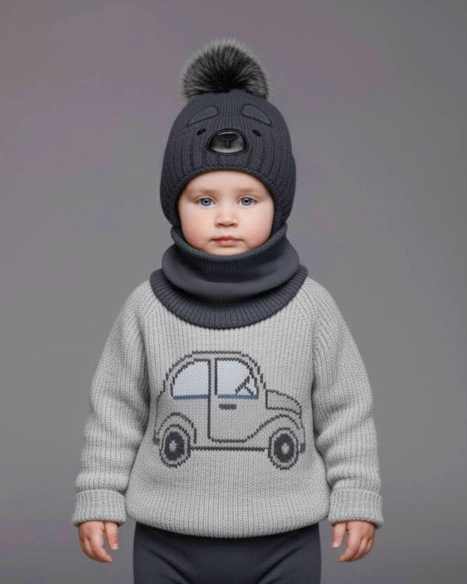Дитячий зимовий набір для хлопчика 1 2 3 роки: тепла шапка на флісі з помпоном + в'язаний снуд - хомут графіт, фото 1