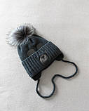 Дитячий зимовий набір для хлопчика 1 2 3 роки: тепла шапка на флісі з помпоном + в'язаний снуд - хомут графіт, фото 5