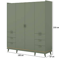 Велика шафа на ніжках Scandi 190 см зелена та дуб з висувними шухлядами в сучасному стилі