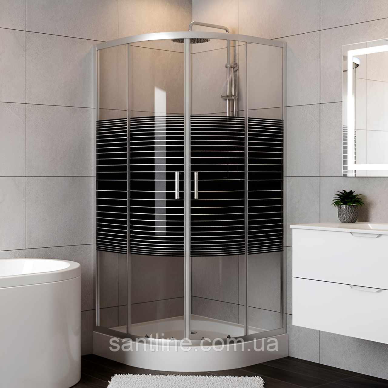 Душова кабіна 90х90х205 см INSANA Geja Black Line RC низький піддон скло з малюнком розсувні двері, фото 1