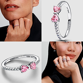 Срібна каблучка в стилі PANDORA "Рожевий бант" 925 проба №7 17 кільце з рожевим бантиком сердечками ПАНДОРА